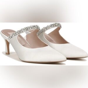 Pnina Tornai White Crystal-Embellished Silk Mules Heels